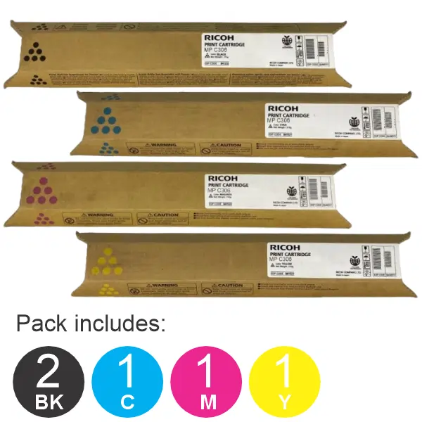 5 Pack Ricoh MPC306 (1BK,1C,1M,1Y) Toner Cartridges