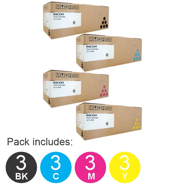 12 Pack Ricoh SPC310 (1BK,1C,1M,1Y) Toner Cartridges