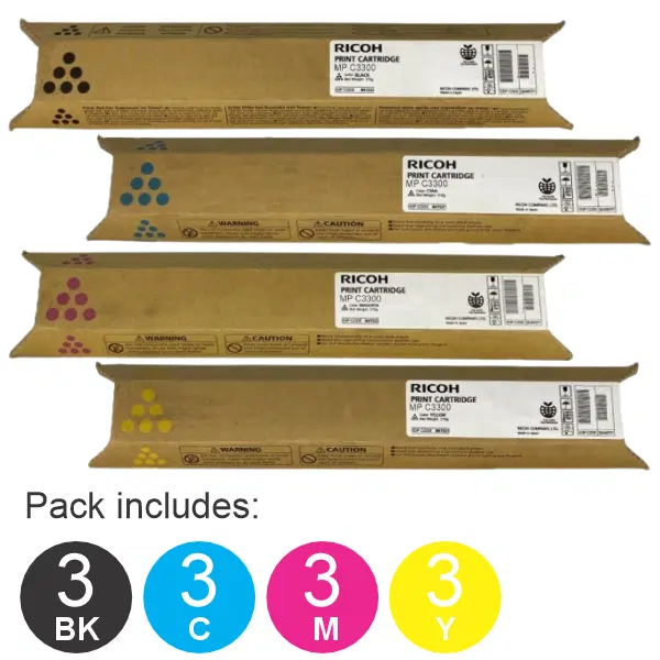 12 Pack Ricoh MPC3300 (1BK,1C,1M,1Y) Toner Cartridges