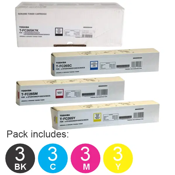 12 Pack Toshiba TFC26S (1BK,1C,1M,1Y) Toner Cartridges