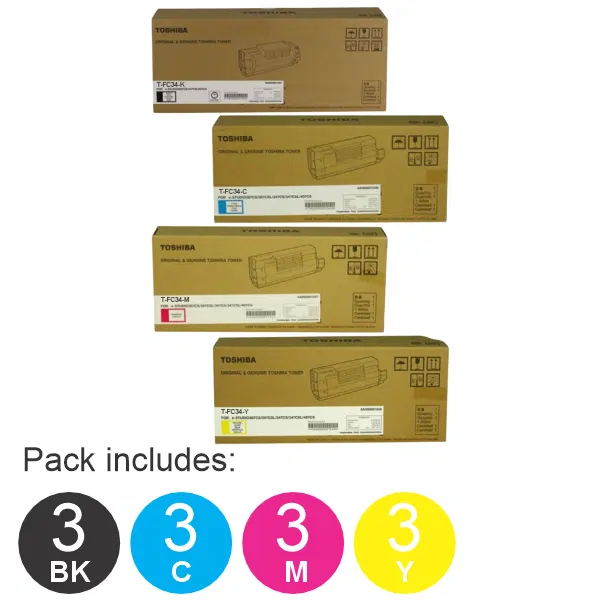 12 Pack Toshiba TFC34 (1BK,1C,1M,1Y) Toner Cartridges