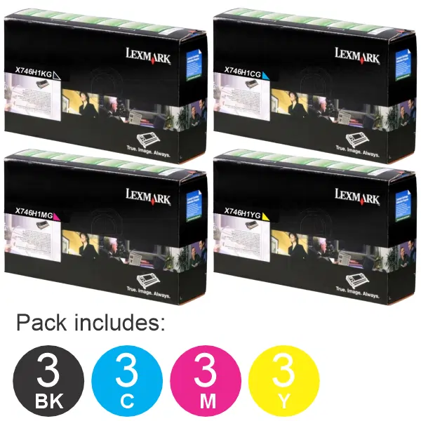 12 Pack Lexmark X746H1KG,X746A1CG,X746A1MG,X746A1YG (3BK,3C,3M,3Y) Toner Cartridges