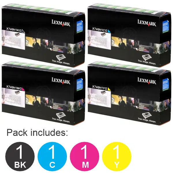 4 Pack Lexmark X746H1KG,X746A1CG,X746A1MG,X746A1YG (1BK,1C,1M,1Y) Toner Cartridges