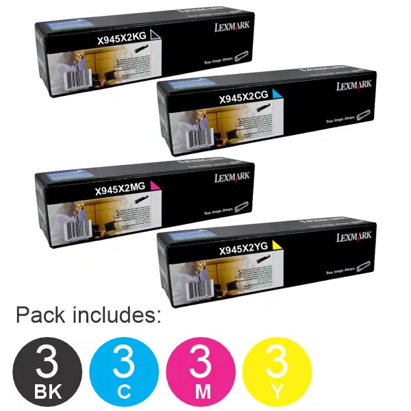 12 Pack Lexmark X945X2KG,X945X2CG,X945X2MG,X945X2YG (3BK,3C,3M,3Y) Toner Cartridges