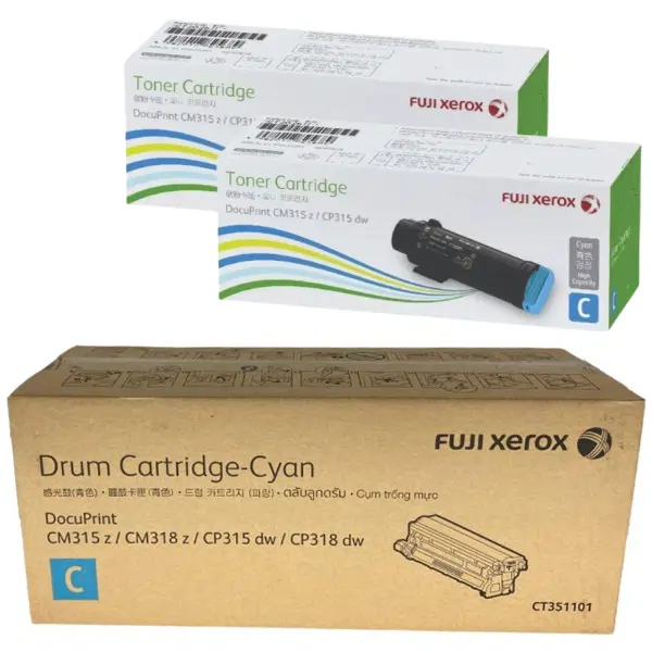 Fuji Xerox CT351101 Cyan Drum Unit & 2 x Fuji Xerox CT202611 Cyan Toner Cartridge