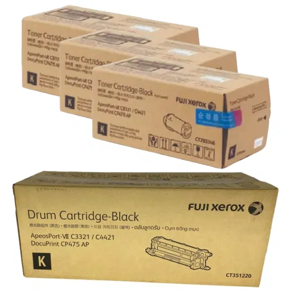 Fuji Xerox CT351220 Black Drum Unit & 3 x Fuji Xerox CT203346 Black Toner Cartridge