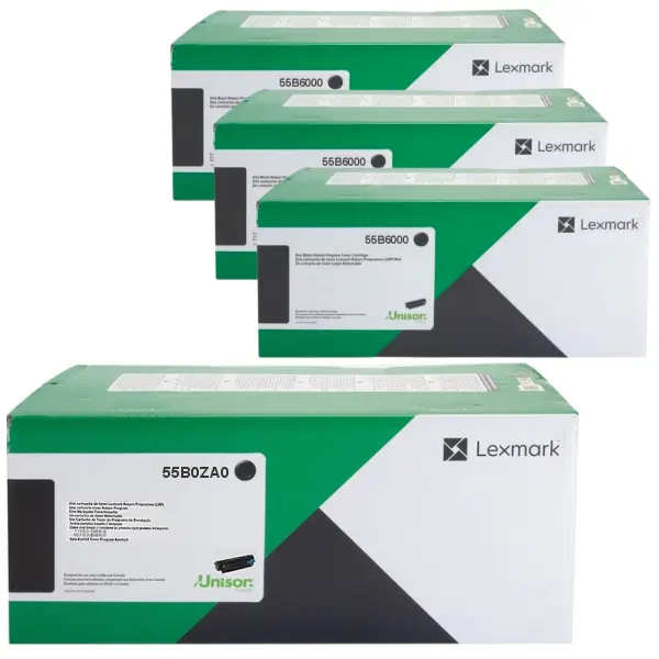 Lexmark 55B0ZA0 Imaging Unit & 3 x Lexmark 55B6000 Black Toner Cartridge