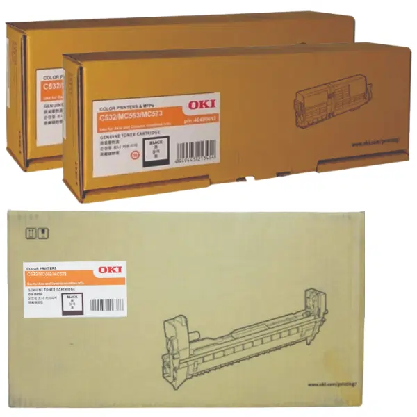 Oki C532DN Black Drum Unit & 2 x OKI C532DN Black Toner Cartridge 46484112 46490612