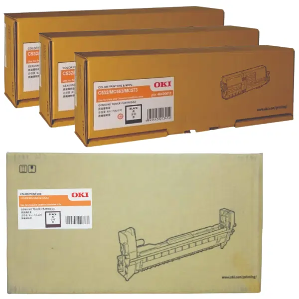 Oki C532DN Black Drum Unit & 3 x OKI C532DN Black Toner Cartridge 46484112 46490612