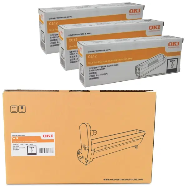 Oki C612 Black Drum Unit & 3 x OKI C612 Black Toner Cartridge 46507312 46507512