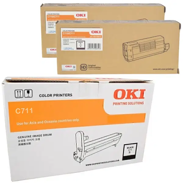 Oki C711N Black Drum Unit & 2 x OKI C710N/C711N Black Toner Cartridge 44318512 44318612