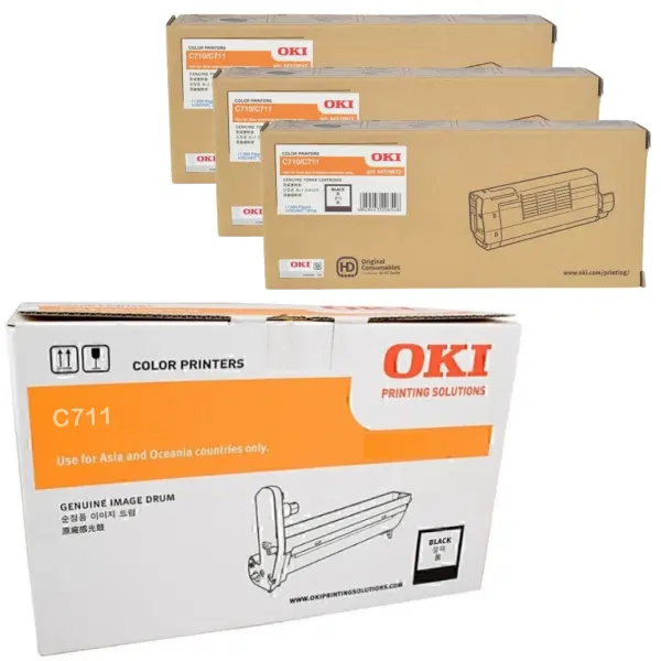 Oki C711N Black Drum Unit & 3 x OKI C710N/C711N Black Toner Cartridge 44318512 44318612