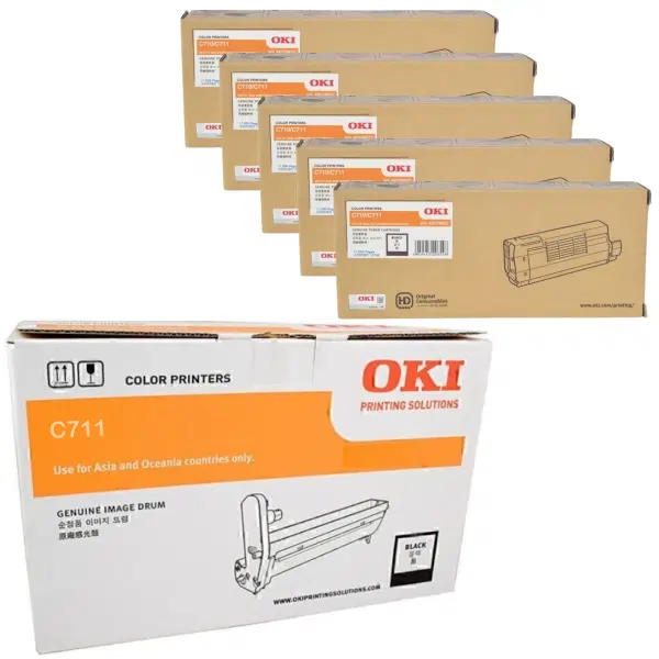 Oki C711N Black Drum Unit & 5 x OKI C710N/C711N Black Toner Cartridge 44318512 44318612