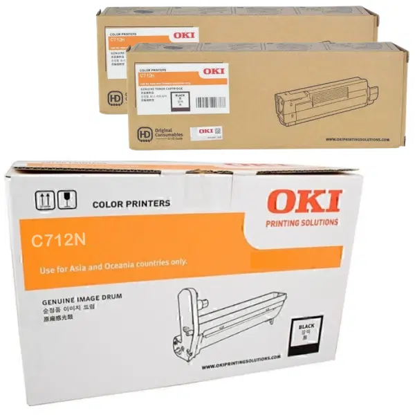 Oki C712N Black Drum Unit & 2 x OKI C712N Black Toner Cartridge 46507412 46507612