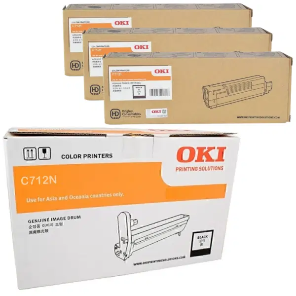 Oki C712N Black Drum Unit & 3 x OKI C712N Black Toner Cartridge 46507412 46507612