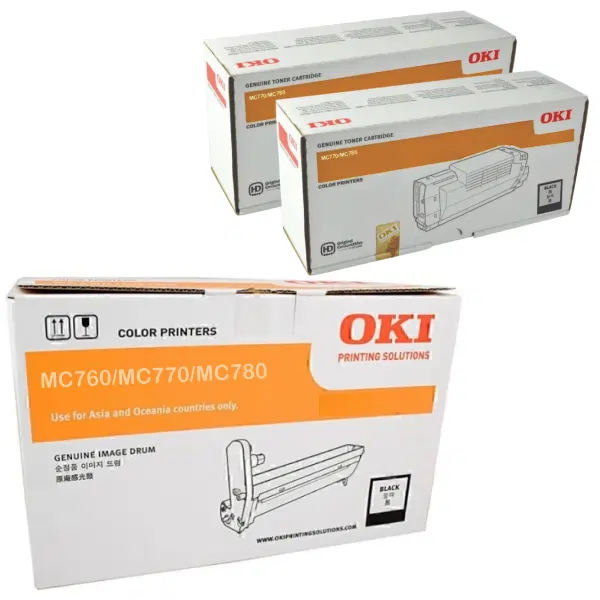 Oki MC770 Black Drum Unit & 2 x OKI MC770/MC780 Black Toner Cartridge 45395708 45396208