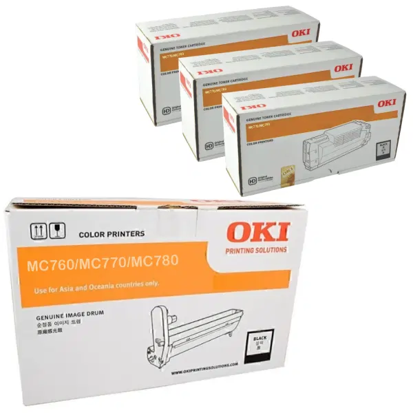 Oki MC770 Black Drum Unit & 3 x OKI MC770/MC780 Black Toner Cartridge 45395708 45396208