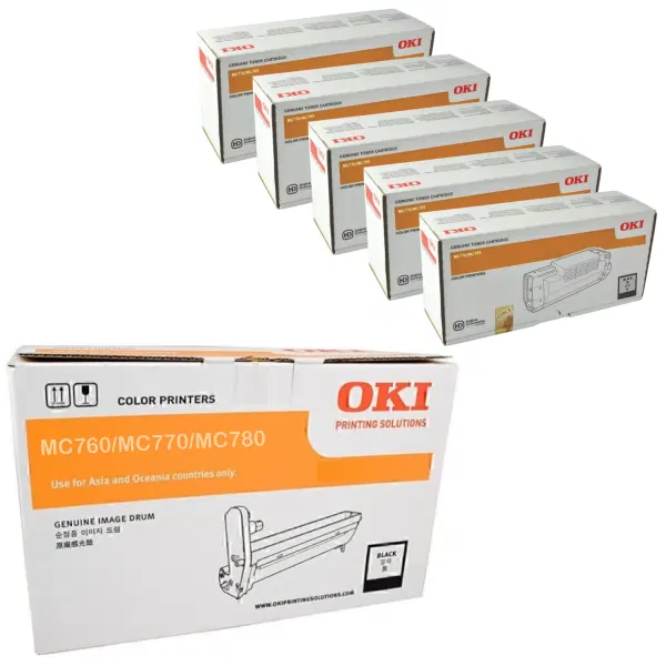 Oki MC770 Black Drum Unit & 5 x OKI MC770/MC780 Black Toner Cartridge 45395708 45396208