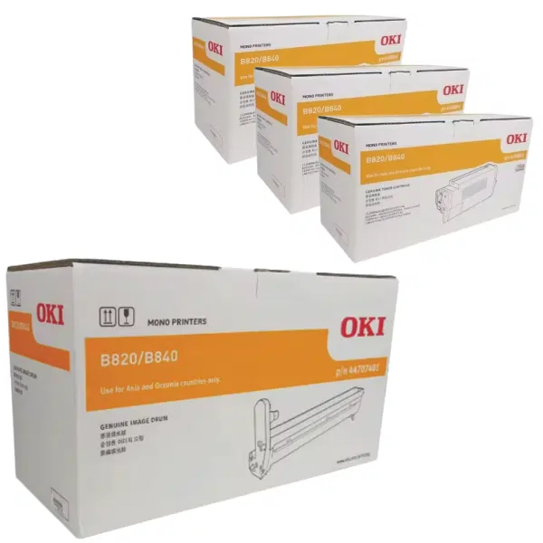 Oki B820 Drum Unit & 3 x OKI B820 Black Toner Cartridge 44707401 44708001