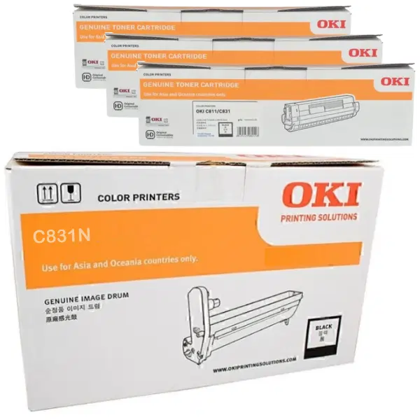 Oki C831N Black Drum Unit & 3 x OKI C831N Black Toner Cartridge 44844424 44844528