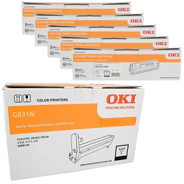 Oki C831N Black Drum Unit & 5 x OKI C831N Black Toner Cartridge 44844424 44844528