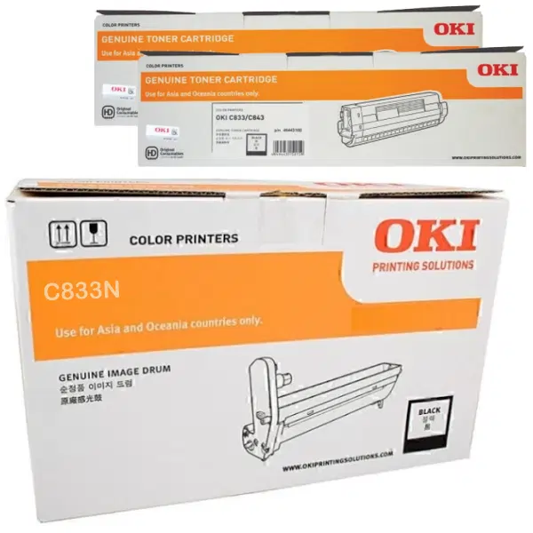 Oki C833N Black Drum Unit & 2 x OKI C833N Black Toner Cartridge 46438008 46443108