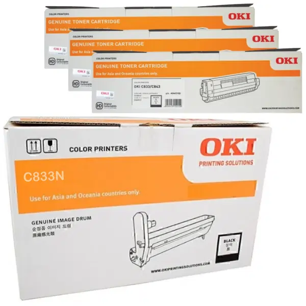 Oki C833N Black Drum Unit & 3 x OKI C833N Black Toner Cartridge 46438008 46443108