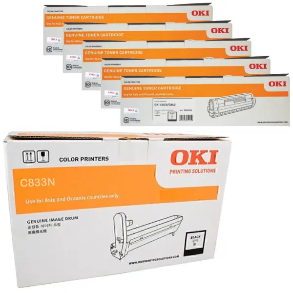 Oki C833N Black Drum Unit & 5 x OKI C833N Black Toner Cartridge 46438008 46443108