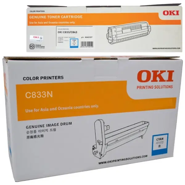 Oki C833N Cyan Drum Unit & OKI C833N Cyan Toner Cartridge 46438007 46443107