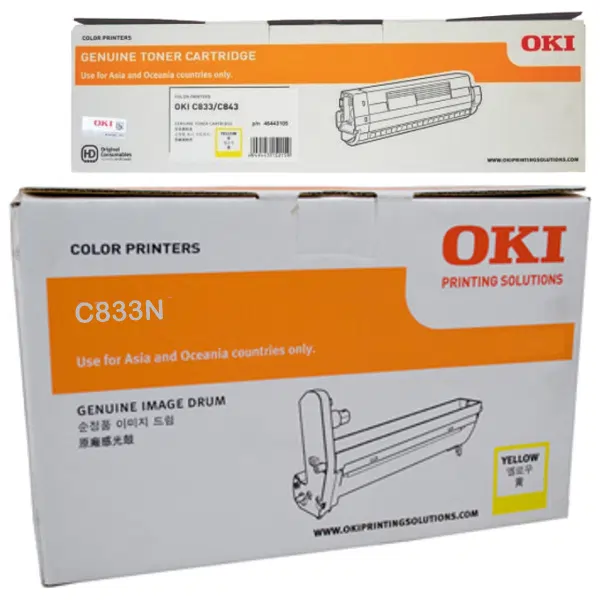 Oki C833N Yellow Drum Unit & OKI C833N Yellow Toner Cartridge 46438005 46443105