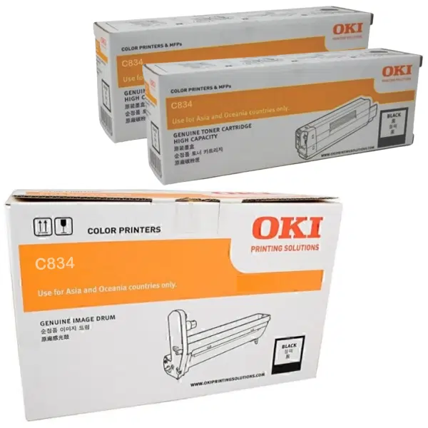 Oki C834 Black Drum Unit & 2 x OKI C834 Black Toner Cartridge 46857512 46861312