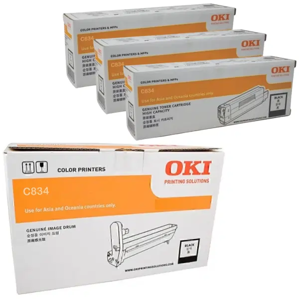 Oki C834 Black Drum Unit & 3 x OKI C834 Black Toner Cartridge 46857512 46861312