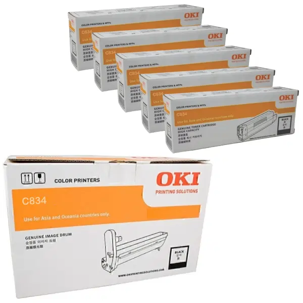 Oki C834 Black Drum Unit & 5 x OKI C834 Black Toner Cartridge 46857512 46861312