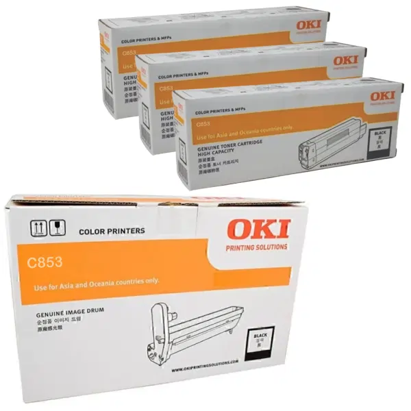 Oki MC853 Black Drum Unit & 3 x OKI MC853 Black Toner Cartridge 44844484 45862844