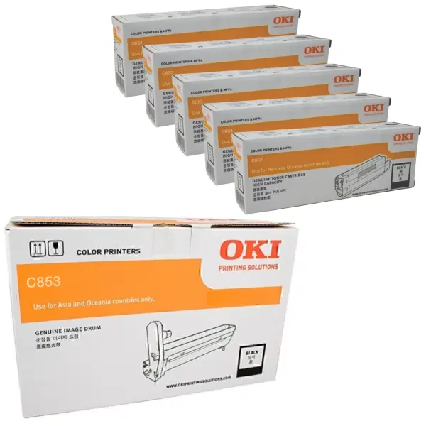 Oki MC853 Black Drum Unit & 5 x OKI MC853 Black Toner Cartridge 44844484 45862844