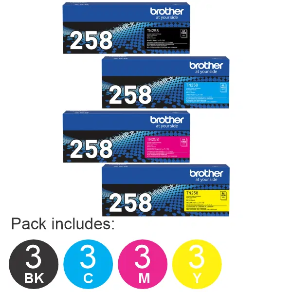 12 Pack Brother TN258 (1BK,1C,1M,1Y) Toner Cartridges