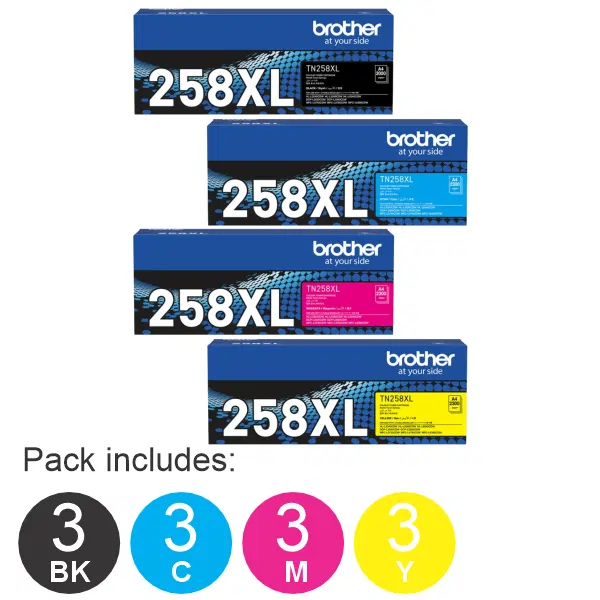 12 Pack Brother TN258XL (1BK,1C,1M,1Y) Toner Cartridges