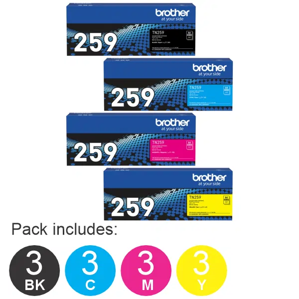 12 Pack Brother TN259 (1BK,1C,1M,1Y) Toner Cartridges