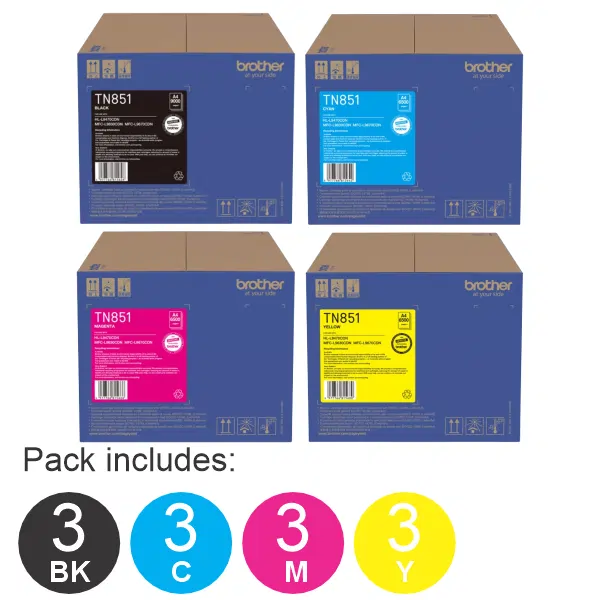 12 Pack Brother TN851 (1BK,1C,1M,1Y) Toner Cartridges