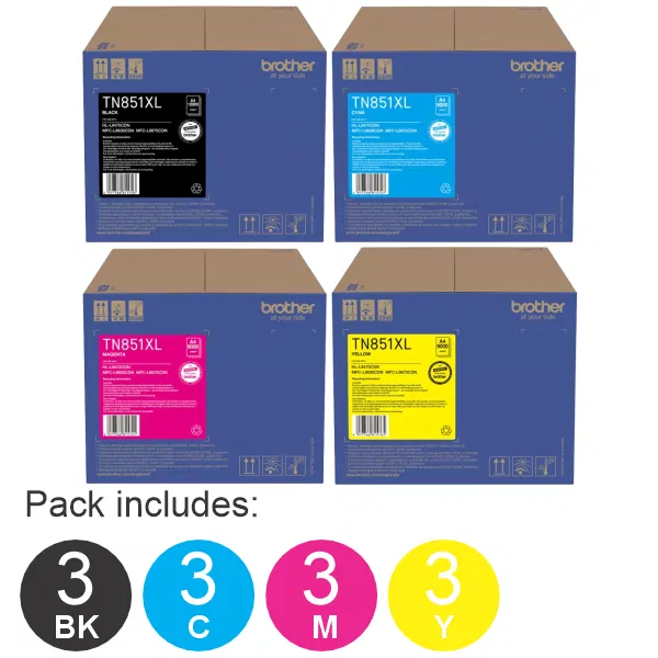 12 Pack Brother TN851XL (1BK,1C,1M,1Y) Toner Cartridges