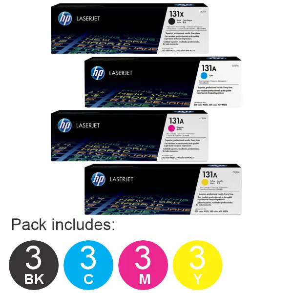 12 Pack HP #131X (1B) & #131A (1C,1M,1Y) Toner Cartridge