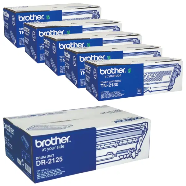 Brother DR2125 Drum Unit & 5 x Brother TN2130 Black Toner Cartridge