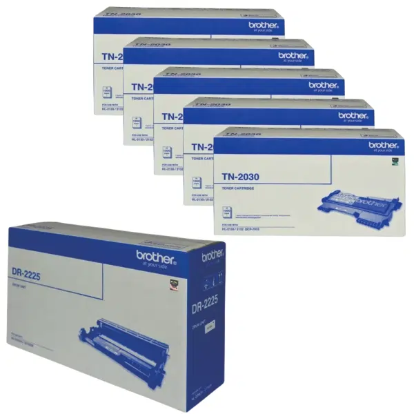 Brother DR2225 Drum Unit & 5 x Brother TN2030 Black Toner Cartridge