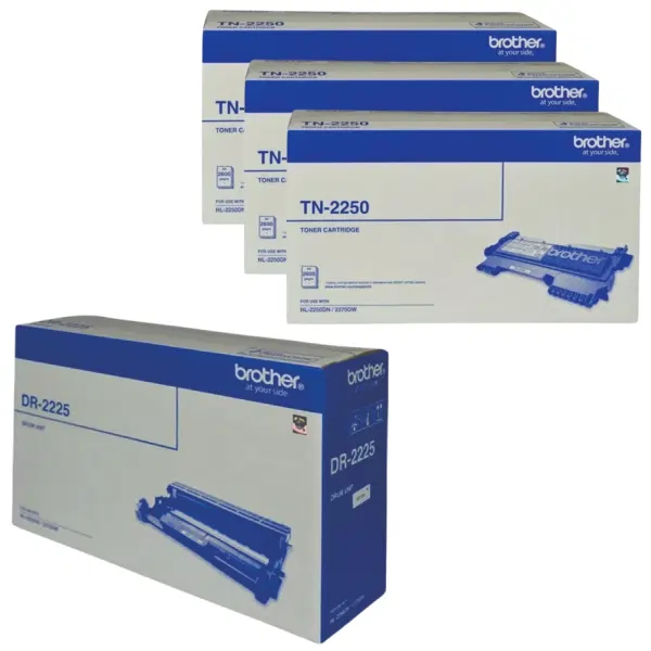 Brother DR2225 Drum Unit & 3 x Brother TN2250 Black Toner Cartridge