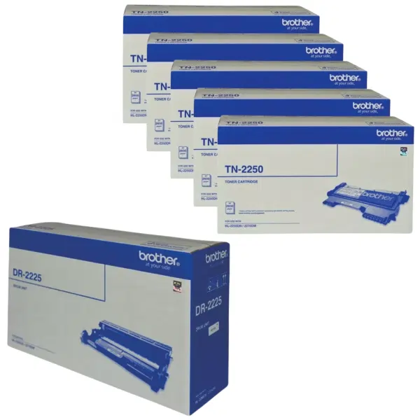 Brother DR2225 Drum Unit & 5 x Brother TN2250 Black Toner Cartridge