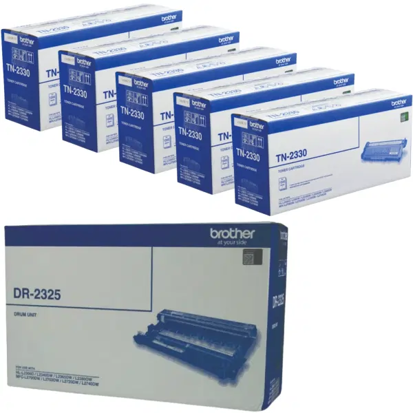 Brother DR2325 Drum Unit & 5 x Brother TN2330 Black Toner Cartridge