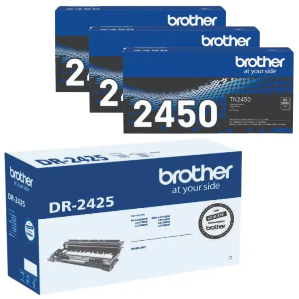 Brother DR2425 Drum Unit & 3 x Brother TN2450 Black Toner Cartridge