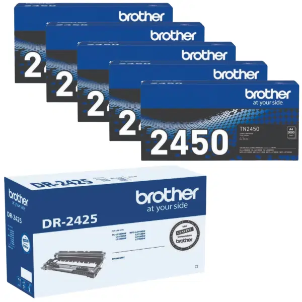 Brother DR2425 Drum Unit & 5 x Brother TN2450 Black Toner Cartridge