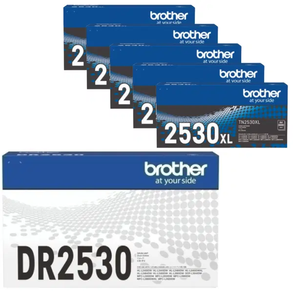 Brother DR2530 Drum Unit & 5 x Brother TN2530XL Toner Cartridge