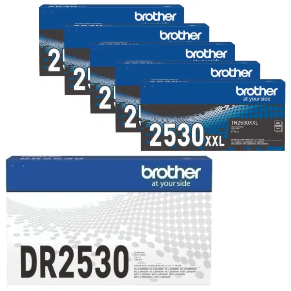 Brother DR2530 Drum Unit & 5 x Brother TN2530XXL Toner Cartridge